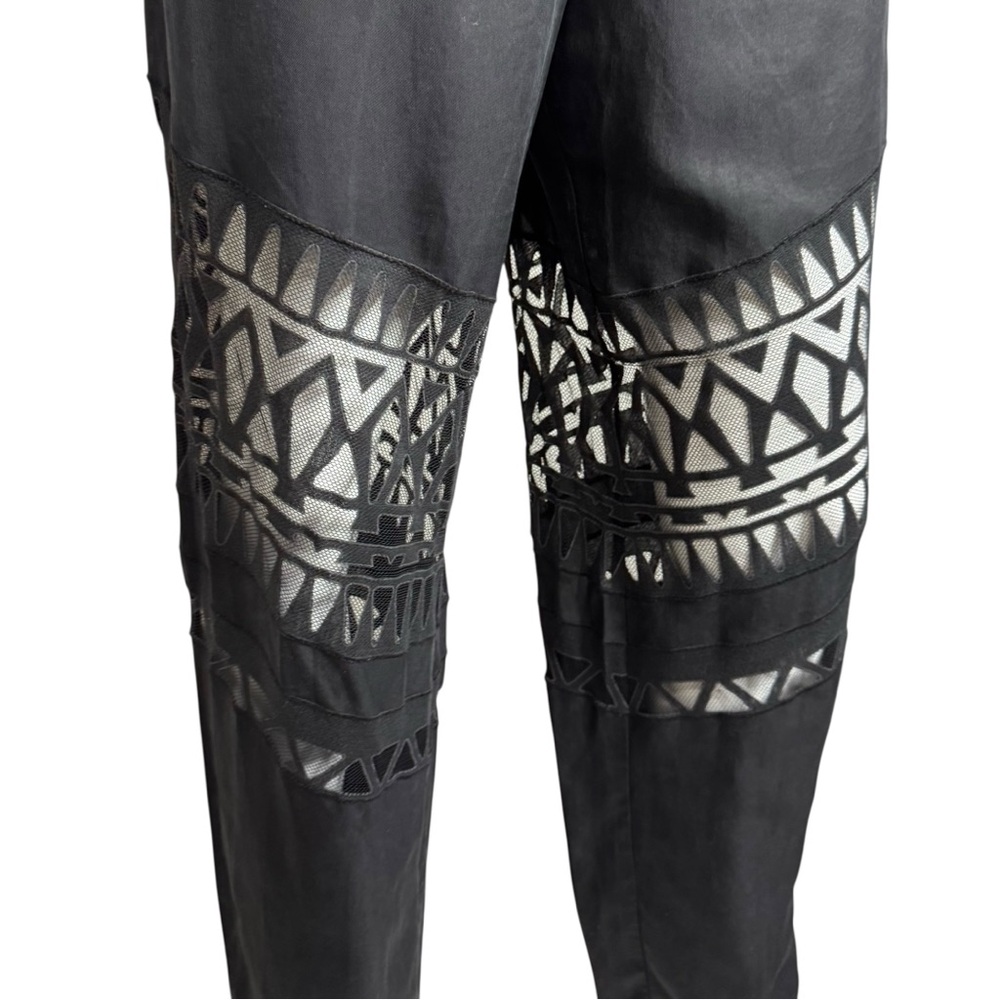 BCBGMaxAzria Black Geometric Sheer Mesh Cut Outs Pull-On Trousers - Picture 5 of 10